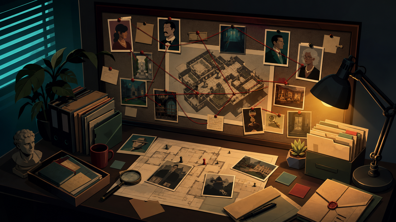 Generated noir game art showing a detective case board, suspect photos, strings, and a mansion floorplan.