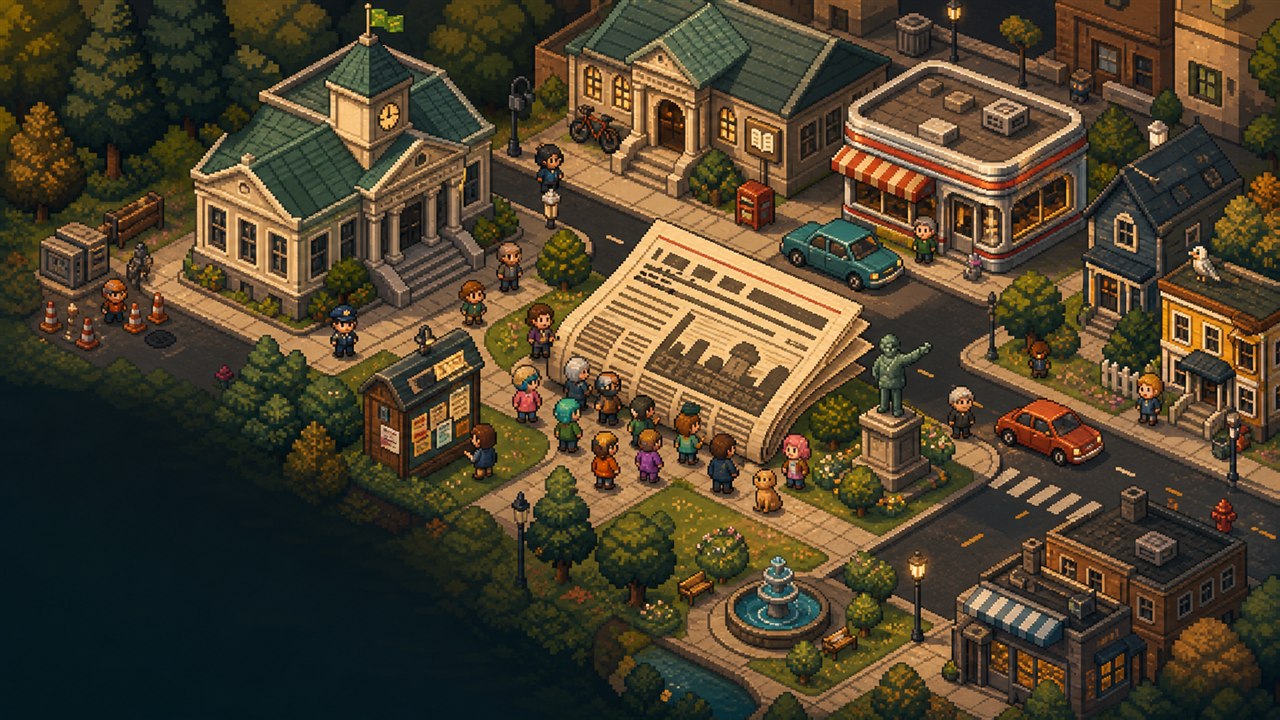 Pixel art town square for Local Authorities, with citizens gathering around a giant municipal newspaper.
