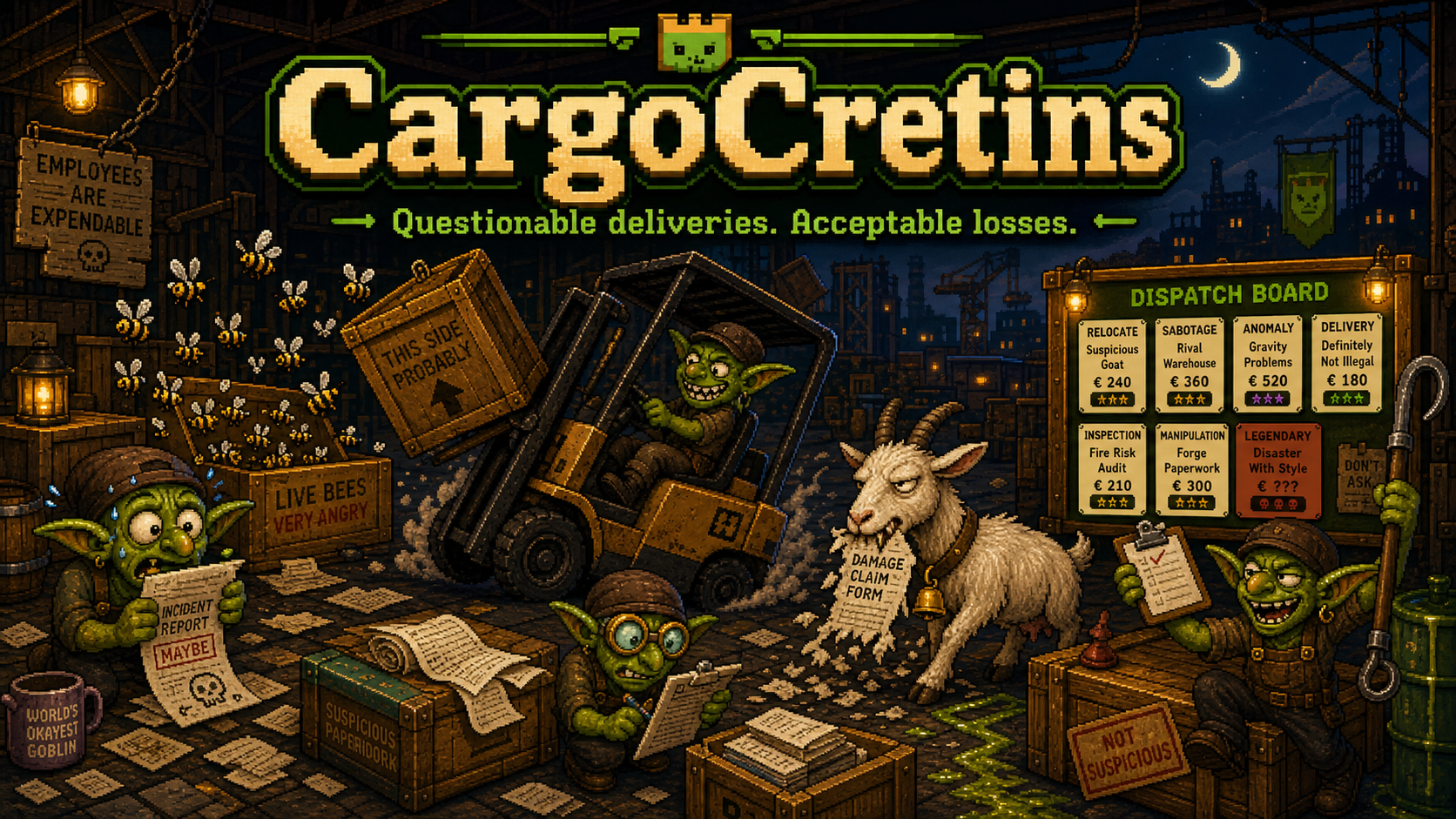 Cargo Cretins pixel art showing goblins, cargo chaos, a dispatch board, and the game logo.